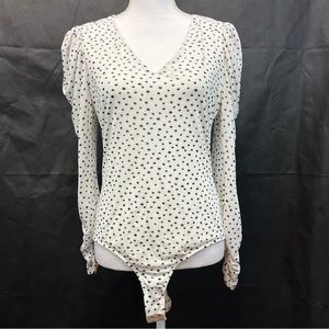 Ember Womens Bodysuit Puff Ruched Sleeve V-Neck White Black Polka Dot Sz L